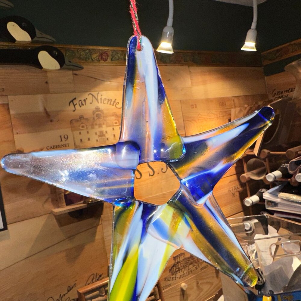 #5105  YELLOW / BLUE / WHITE  MULTI COLOR  5 POINT STAR  APX. 6 1/2” X 6 1/2”